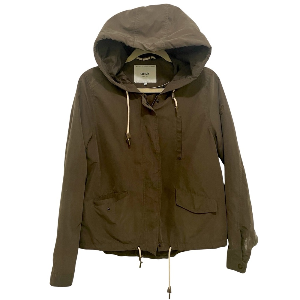 ONLY Womens Jacket Size M‎ Olive Green with Hood and Pockets Zipper Snap Closure